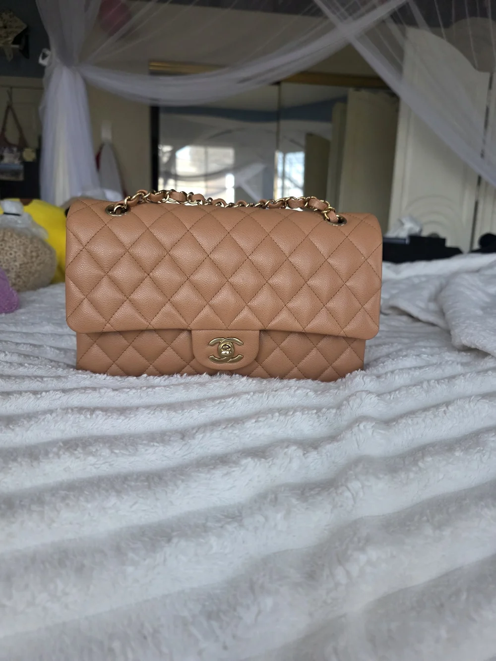 CHANEL Quilted Shoulder Flap Bag in Tan Camel